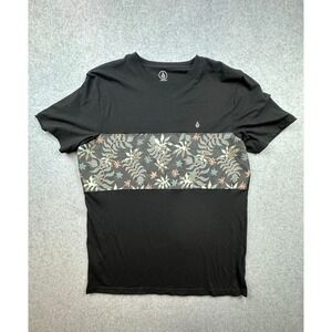 Volcom Mens Black Floral Chest Stripe Short Sleeve T-Shirt Skate Surf Tee Large